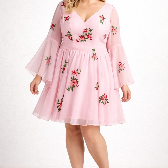 Dresses & Skirts - Elegant Pink Dress with Floral Embroidery